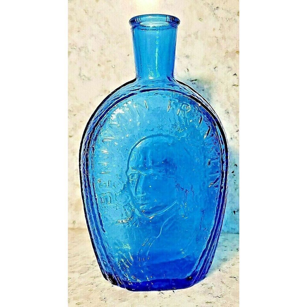 Wheaton Blue Glass Benjamin Franklin 1888 Glasshouse Bottle Vintage 8" Tall